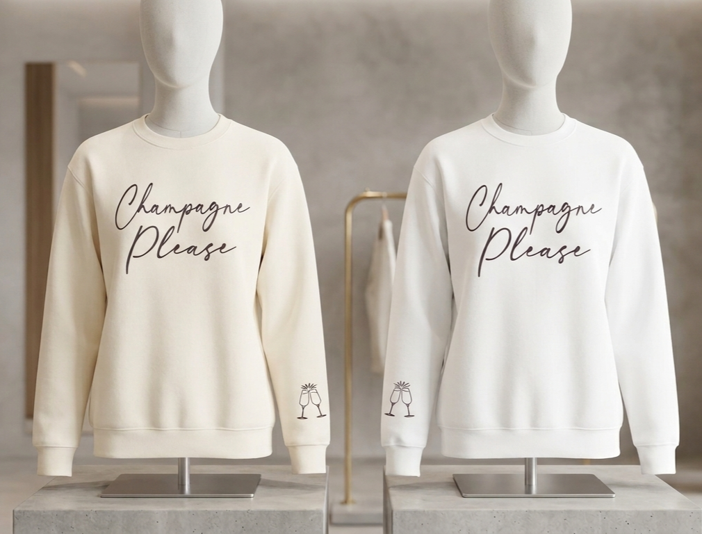 Blank cream and white crewneck sweatshirts on display