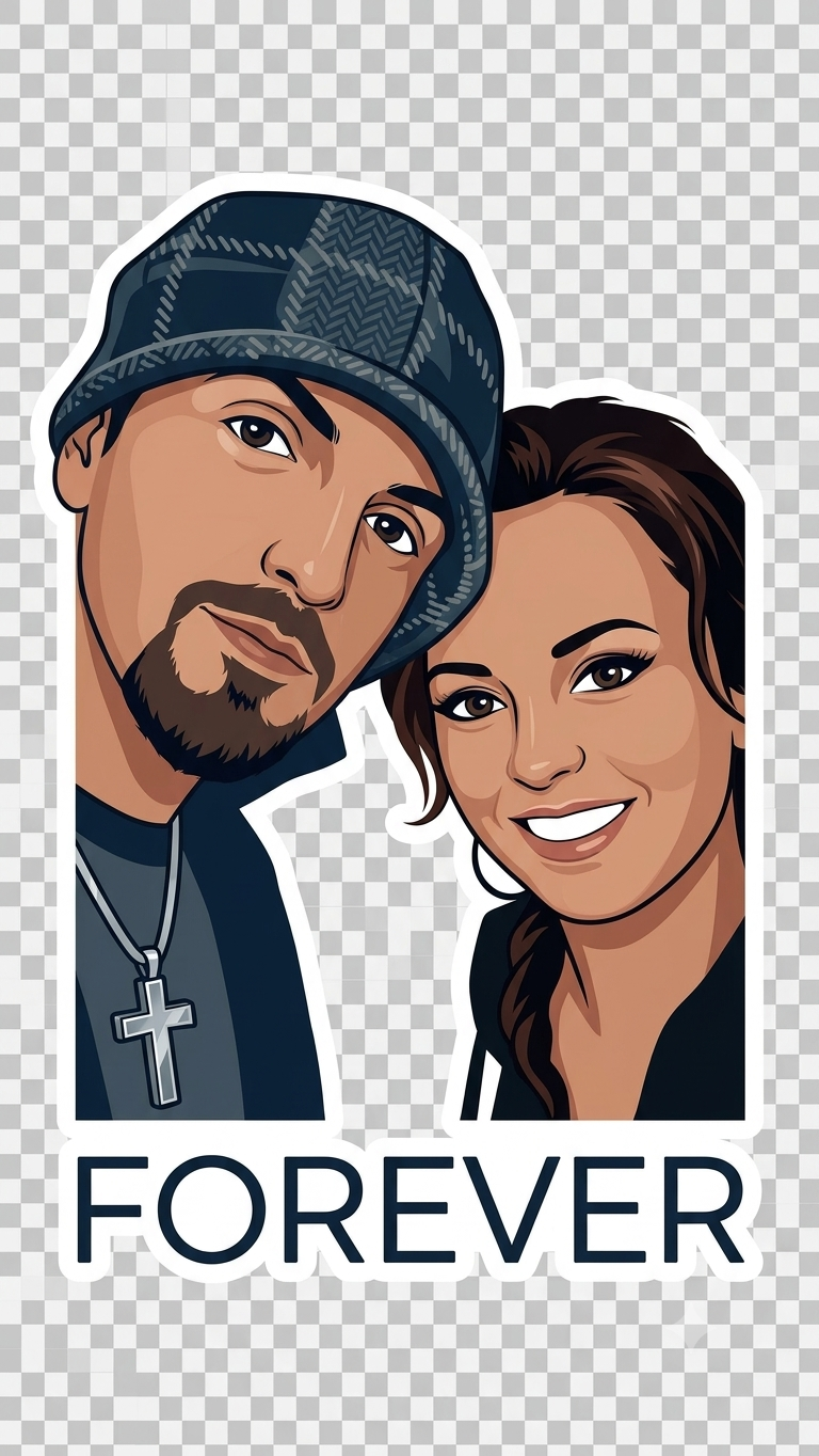 Illustrated couple caricature titled Forever